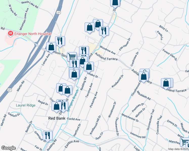 map of restaurants, bars, coffee shops, grocery stores, and more near 298 Unaka Street in Red Bank