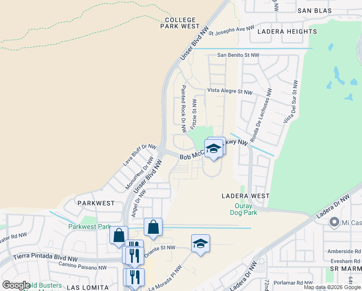 map of restaurants, bars, coffee shops, grocery stores, and more near 7912 Elliott Road Northwest in Albuquerque