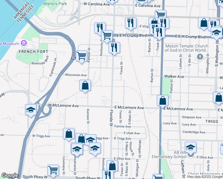 map of restaurants, bars, coffee shops, grocery stores, and more near 1089 Florida Street in Memphis