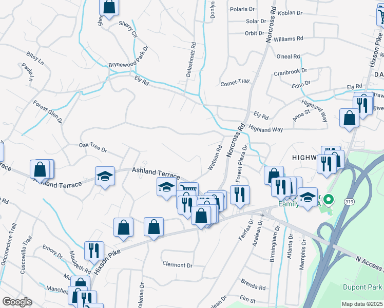 map of restaurants, bars, coffee shops, grocery stores, and more near 1329 Highland Road in Chattanooga