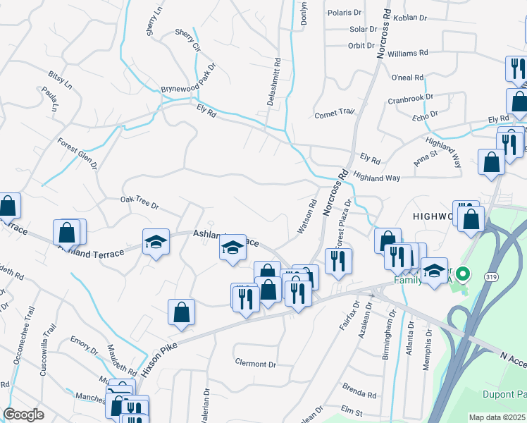 map of restaurants, bars, coffee shops, grocery stores, and more near 1329 Highland Road in Chattanooga
