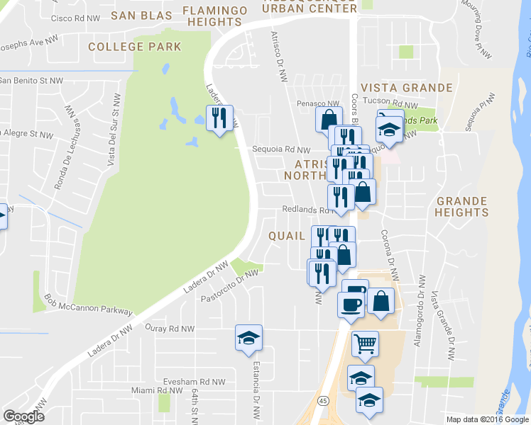 map of restaurants, bars, coffee shops, grocery stores, and more near 3027 Prenda De Oro Drive Northwest in Albuquerque