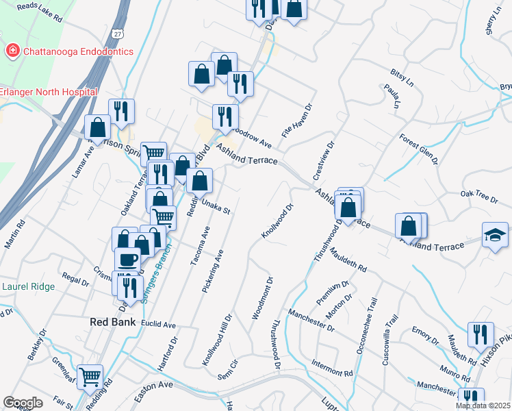 map of restaurants, bars, coffee shops, grocery stores, and more near 3945 Knollwood Terrace in Chattanooga
