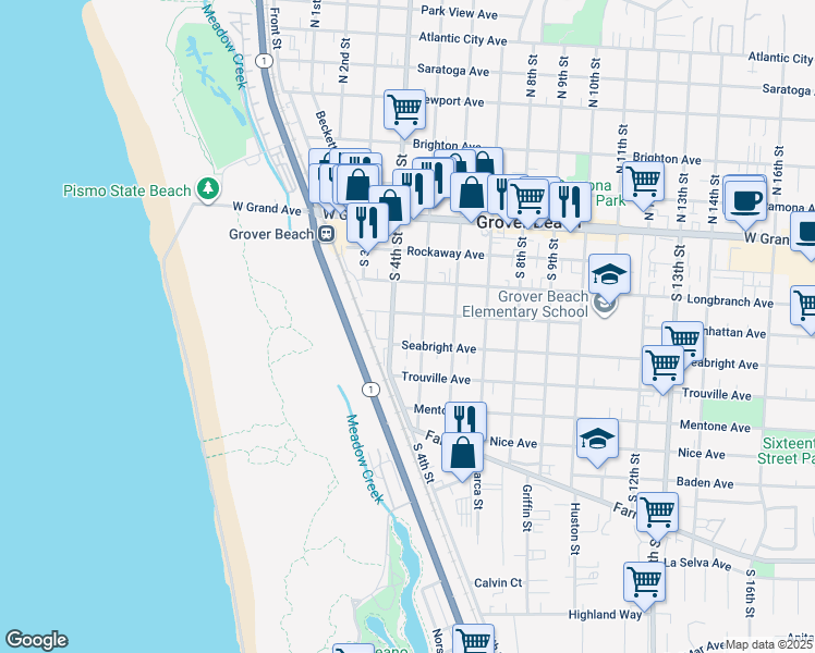 map of restaurants, bars, coffee shops, grocery stores, and more near 452 South 5th Street in Grover Beach