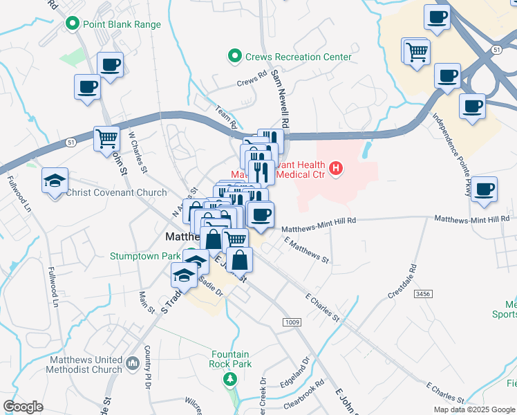 map of restaurants, bars, coffee shops, grocery stores, and more near 101 East Matthews Street in Matthews