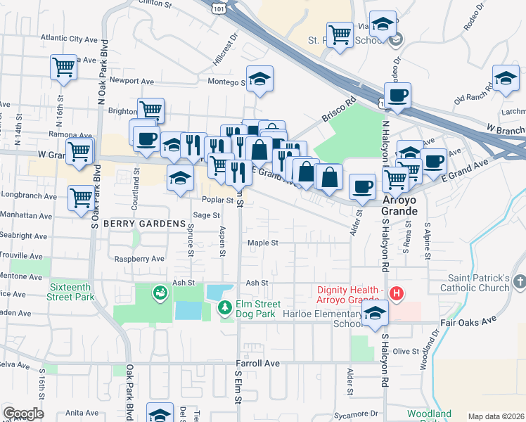 map of restaurants, bars, coffee shops, grocery stores, and more near 142 Pine Street in Arroyo Grande