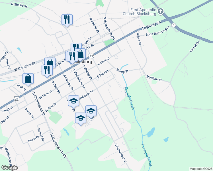 map of restaurants, bars, coffee shops, grocery stores, and more near 214 Logan Drive in Blacksburg