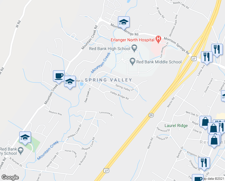 map of restaurants, bars, coffee shops, grocery stores, and more near 625 Valley Bridge Road in Chattanooga