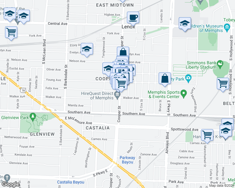 map of restaurants, bars, coffee shops, grocery stores, and more near 1001 Cooper Street in Memphis