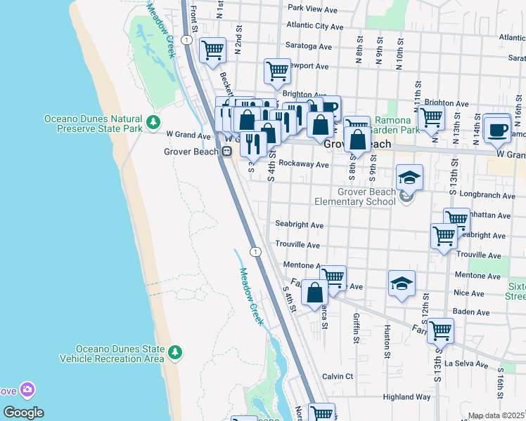 map of restaurants, bars, coffee shops, grocery stores, and more near 388 Manhattan Avenue in Grover Beach