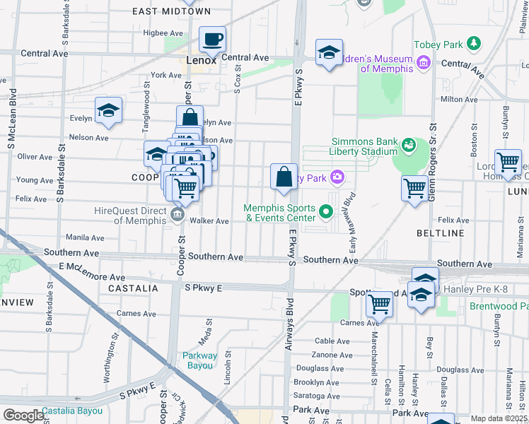 map of restaurants, bars, coffee shops, grocery stores, and more near 1000 Philadelphia Street in Memphis