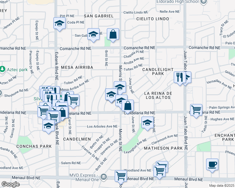 map of restaurants, bars, coffee shops, grocery stores, and more near 10305 Quarai Avenue Northeast in Albuquerque