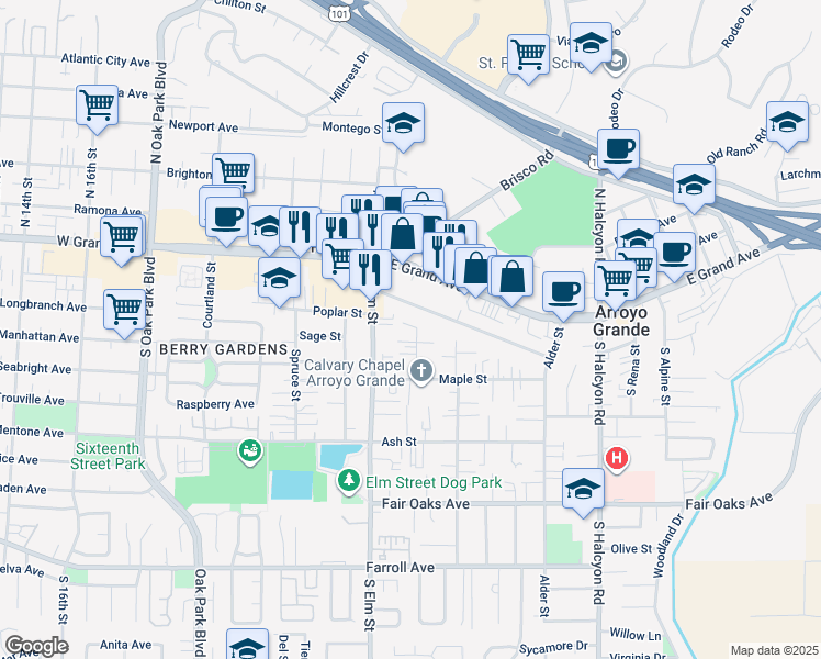 map of restaurants, bars, coffee shops, grocery stores, and more near 159 Pine Street in Arroyo Grande