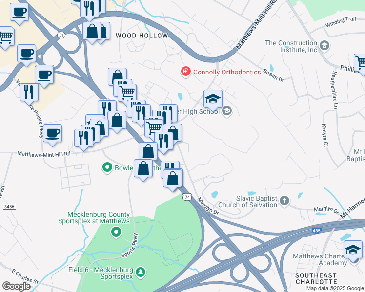 map of restaurants, bars, coffee shops, grocery stores, and more near 1700 Chambers Drive in Matthews