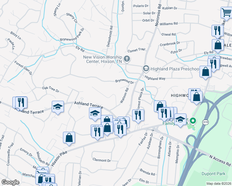map of restaurants, bars, coffee shops, grocery stores, and more near 4113 Watson Road in Chattanooga