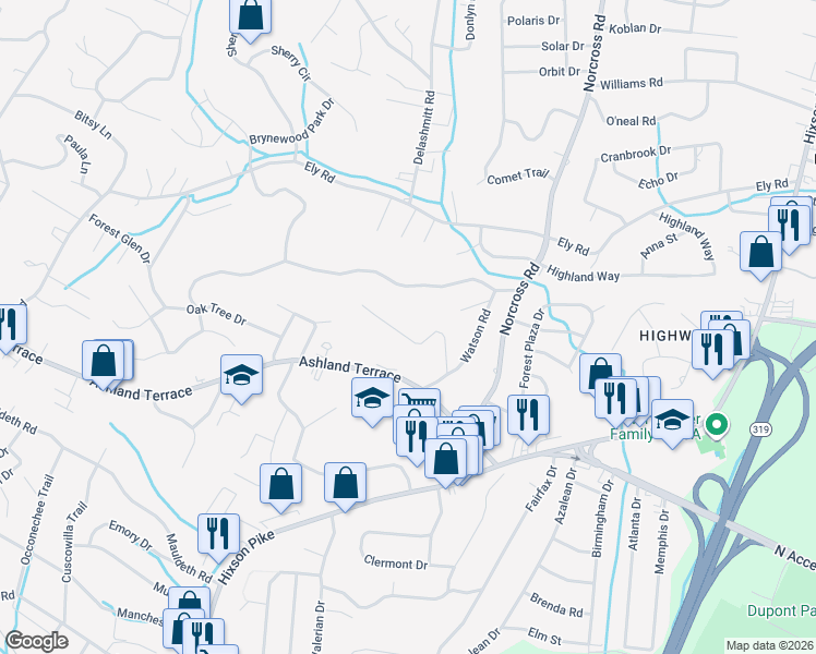 map of restaurants, bars, coffee shops, grocery stores, and more near 1329 Highland Road in Chattanooga