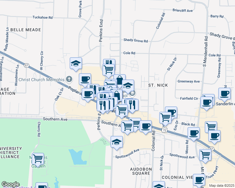 map of restaurants, bars, coffee shops, grocery stores, and more near 475 South Perkins Road in Memphis