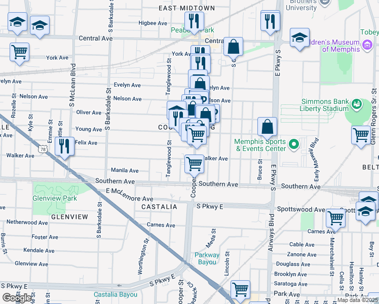 map of restaurants, bars, coffee shops, grocery stores, and more near 1010 Cooper Street in Memphis