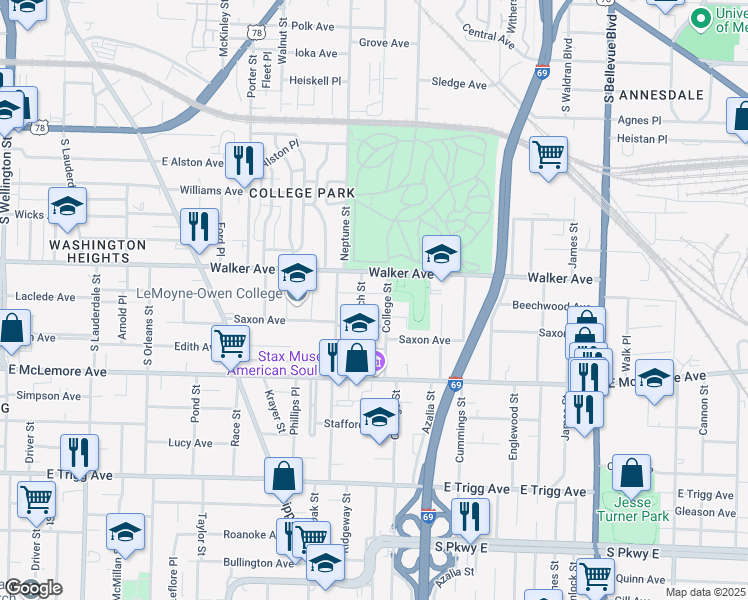 map of restaurants, bars, coffee shops, grocery stores, and more near 1056 Beach Street in Memphis