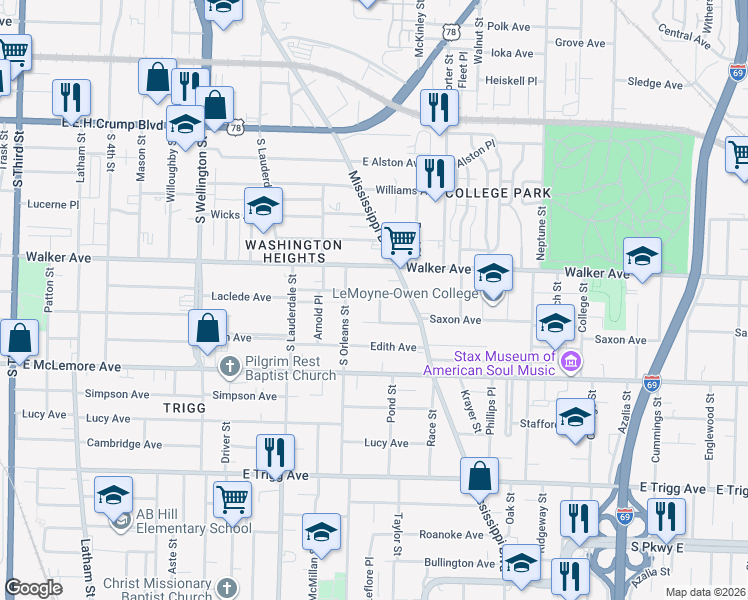 map of restaurants, bars, coffee shops, grocery stores, and more near 1060 Shaw Place in Memphis