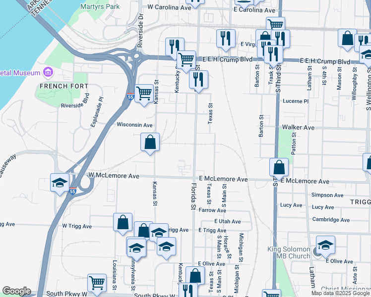 map of restaurants, bars, coffee shops, grocery stores, and more near 1089 Florida Street in Memphis