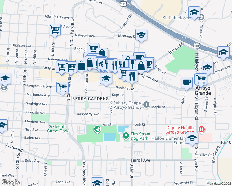 map of restaurants, bars, coffee shops, grocery stores, and more near 1257 Sage Street in Arroyo Grande