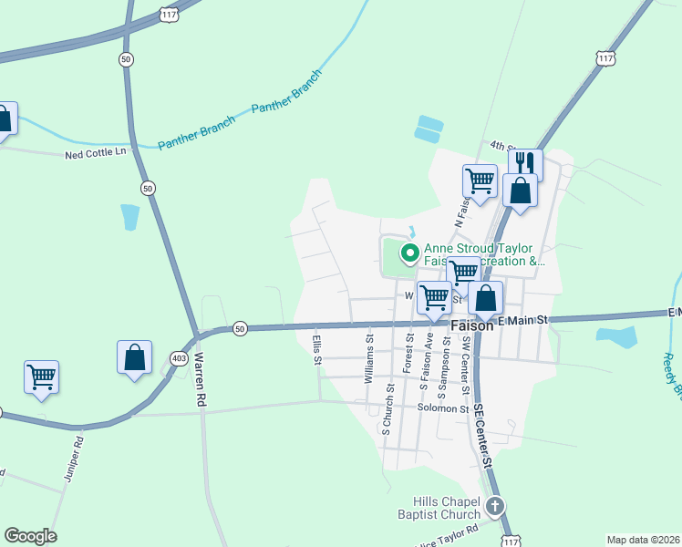 map of restaurants, bars, coffee shops, grocery stores, and more near 701 Cherry Street in Faison