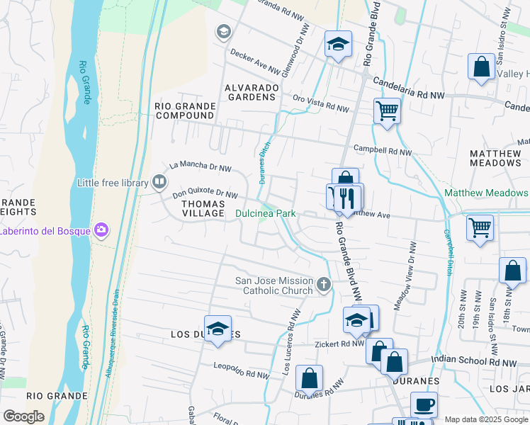 map of restaurants, bars, coffee shops, grocery stores, and more near 2330 Via Madrid Drive Northwest in Albuquerque