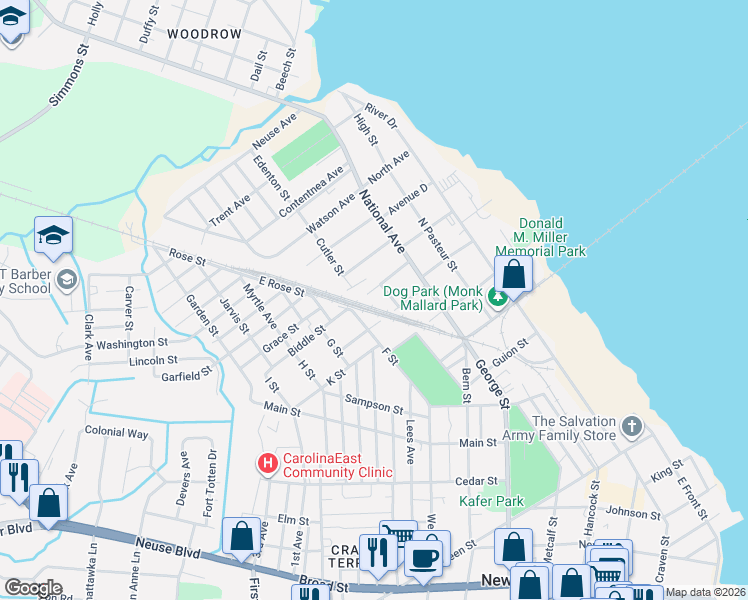 map of restaurants, bars, coffee shops, grocery stores, and more near 604 C Street in New Bern
