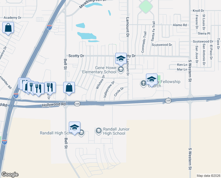 map of restaurants, bars, coffee shops, grocery stores, and more near 8712 Circle Drive in Amarillo