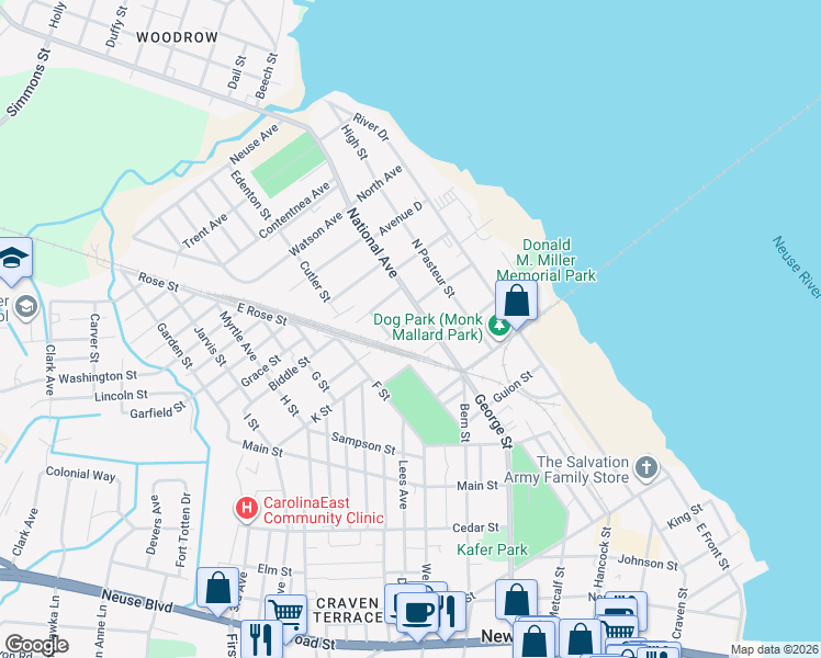 map of restaurants, bars, coffee shops, grocery stores, and more near 599 B Street in New Bern