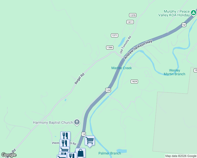 map of restaurants, bars, coffee shops, grocery stores, and more near 2201 Andrews Road in Murphy