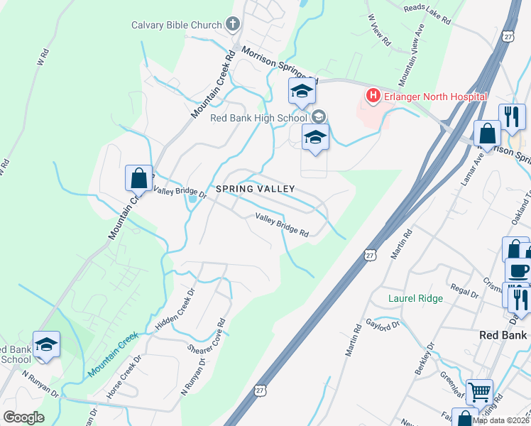 map of restaurants, bars, coffee shops, grocery stores, and more near 621 Valley Bridge Road in Chattanooga