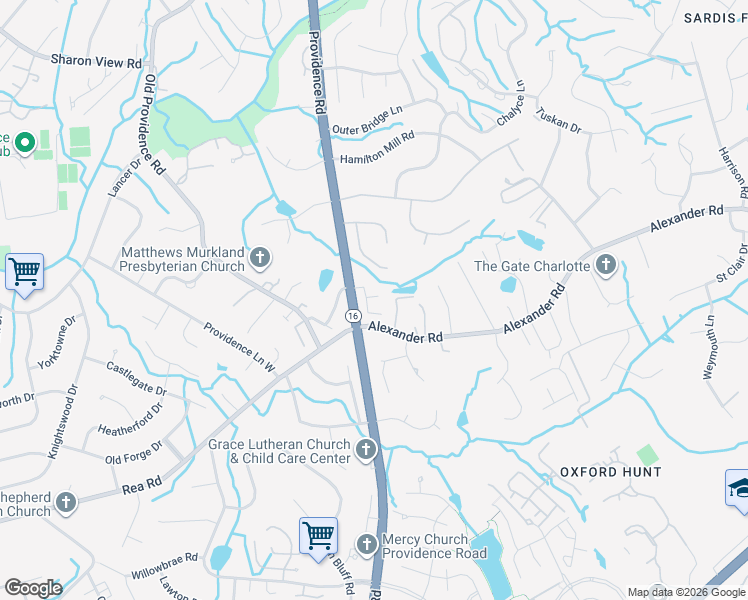 map of restaurants, bars, coffee shops, grocery stores, and more near 6517 Alexander Road in Charlotte