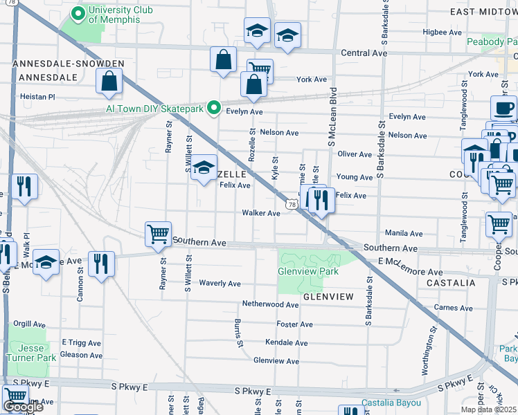 map of restaurants, bars, coffee shops, grocery stores, and more near 1676 Walker Avenue in Memphis