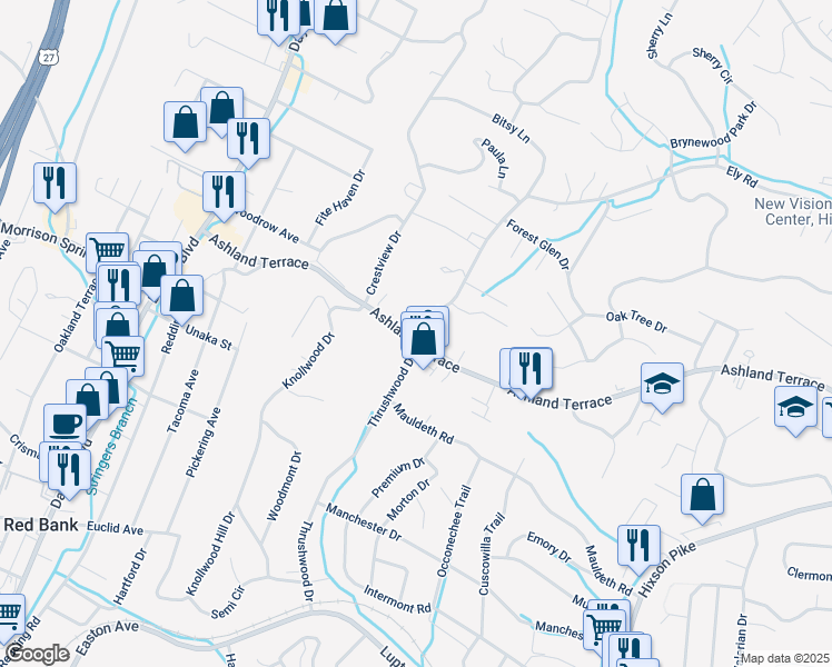 map of restaurants, bars, coffee shops, grocery stores, and more near 517 Ashland Terrace in Chattanooga