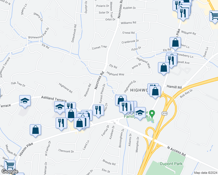 map of restaurants, bars, coffee shops, grocery stores, and more near 1115 Plaza Drive in Chattanooga