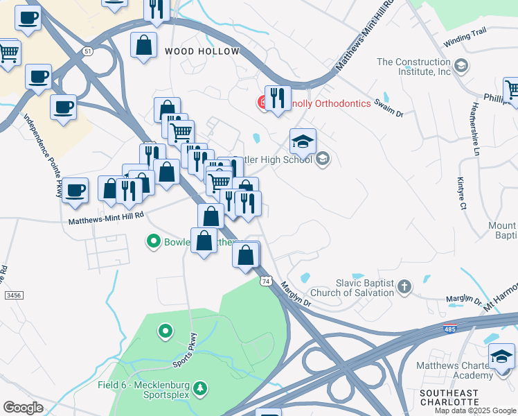 map of restaurants, bars, coffee shops, grocery stores, and more near 1700 Chambers Drive in Matthews