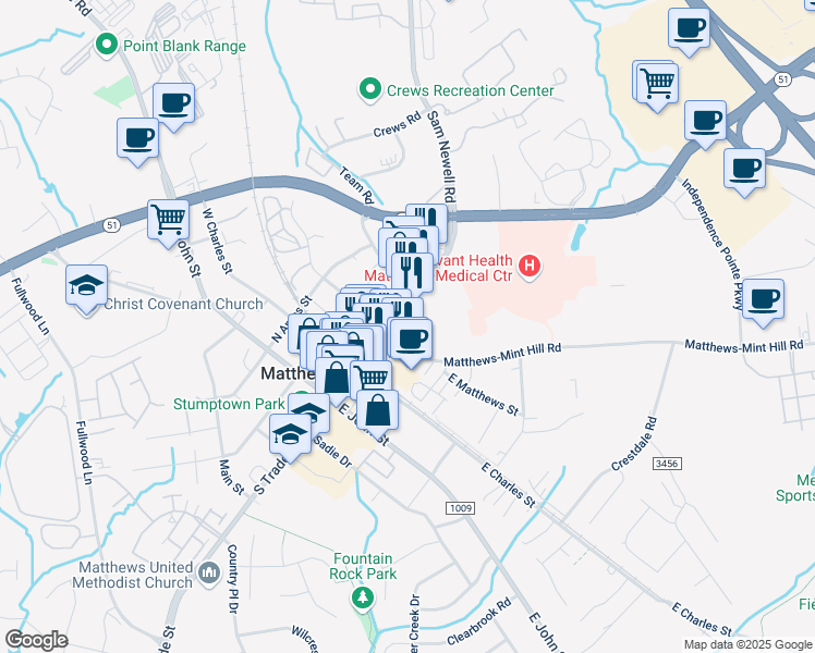 map of restaurants, bars, coffee shops, grocery stores, and more near 101 East Matthews Street in Matthews
