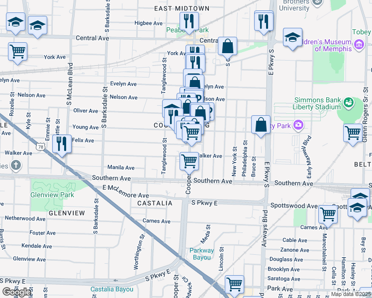 map of restaurants, bars, coffee shops, grocery stores, and more near 1010 Cooper Street in Memphis