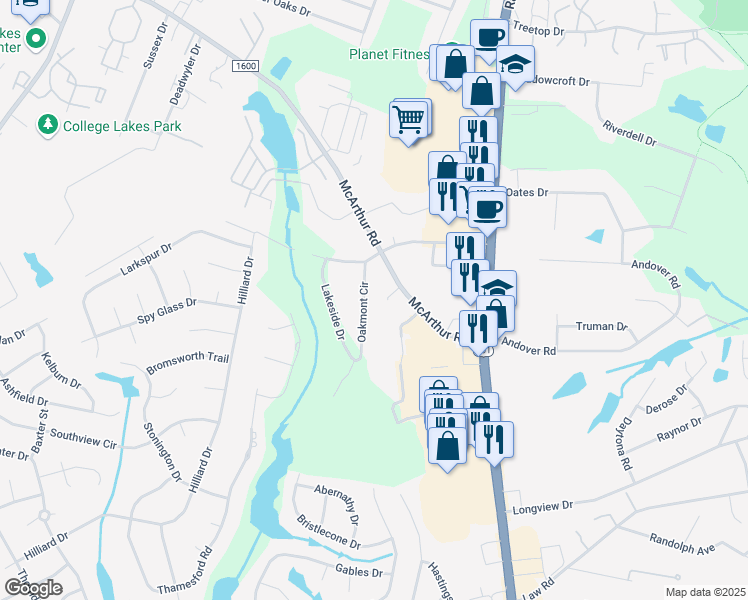 map of restaurants, bars, coffee shops, grocery stores, and more near 4456 Oakmont Circle in Fayetteville