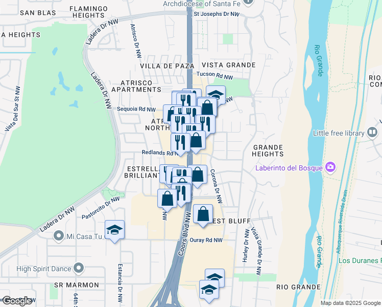 map of restaurants, bars, coffee shops, grocery stores, and more near Coors Blvd NW & Redlands Rd NW in Albuquerque