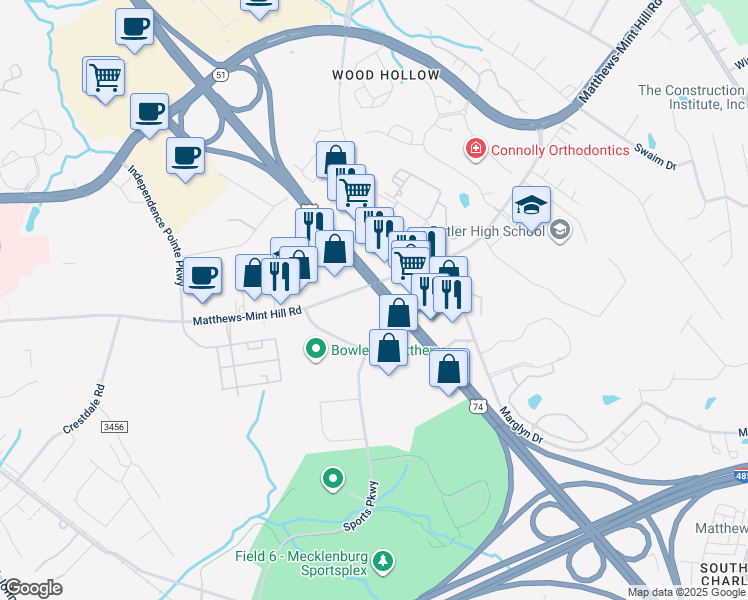 map of restaurants, bars, coffee shops, grocery stores, and more near 11208 East Independence Boulevard in Matthews