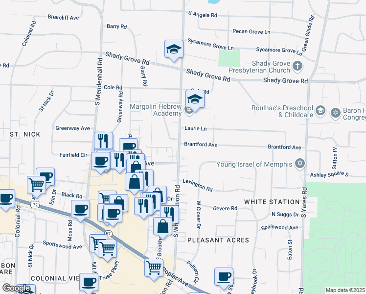 map of restaurants, bars, coffee shops, grocery stores, and more near 480 South White Station Road in Memphis