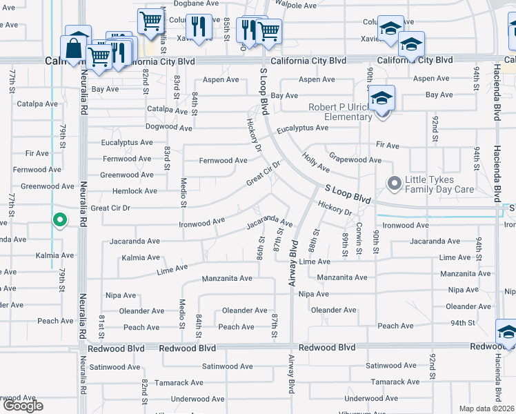 map of restaurants, bars, coffee shops, grocery stores, and more near 8600 Ironwood Avenue in California City