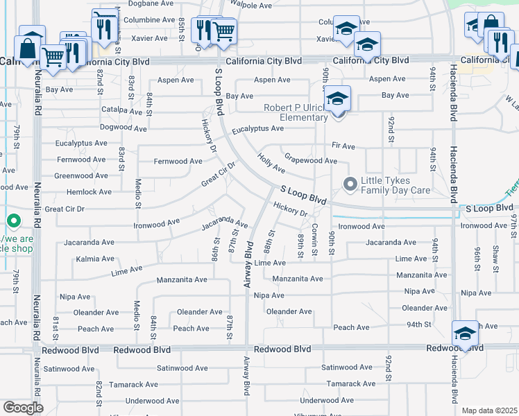 map of restaurants, bars, coffee shops, grocery stores, and more near Airway Boulevard in California City