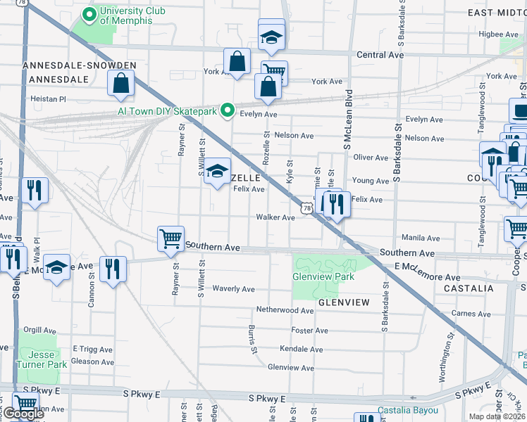 map of restaurants, bars, coffee shops, grocery stores, and more near 1676 Walker Avenue in Memphis