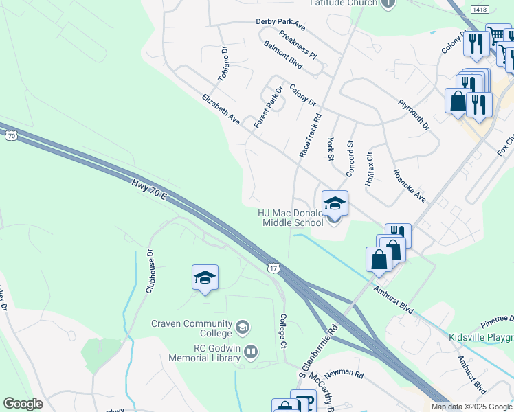 map of restaurants, bars, coffee shops, grocery stores, and more near 104 English Ivy Lane in New Bern