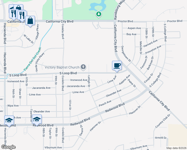 map of restaurants, bars, coffee shops, grocery stores, and more near 10300 South Loop Boulevard in California City