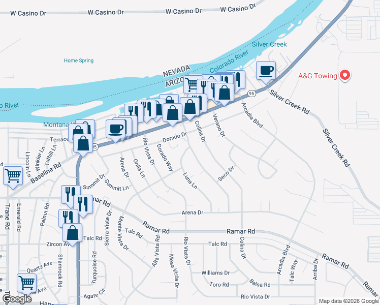 map of restaurants, bars, coffee shops, grocery stores, and more near 1412 Plata Dr in Bullhead City